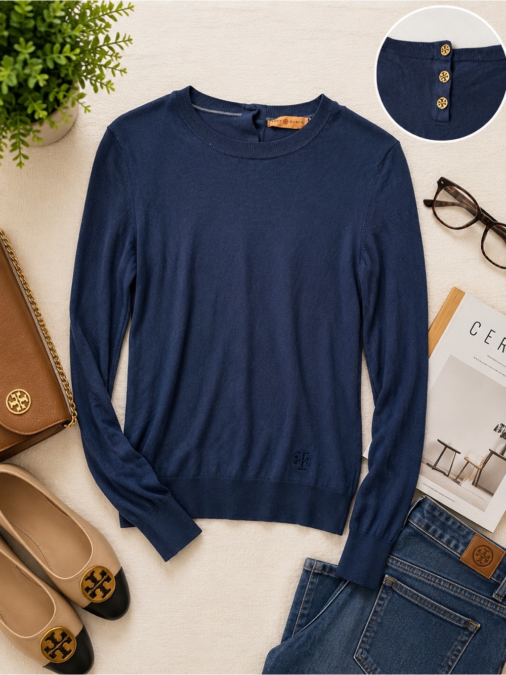 Tory Burch Navy Merino Wool Blend Sweater Gold Logo Button Back Size S